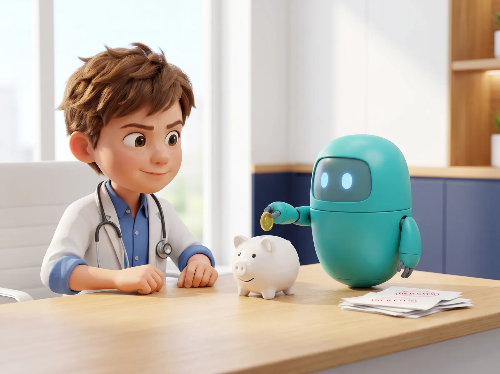 Clay and the AI sidekick recovering a coin from rejected paperwork